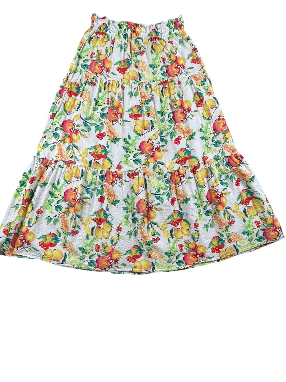 Lauren Conrad Fruit Print Tiered Cottagecore Boho Casual Fun Midi Skirt - Sz L